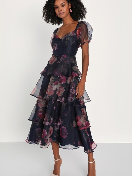 Lulus Dresses & Skirts - NWT Lulus Oh-So Stunning Navy Blue Floral Organza Tiered Midi Dress